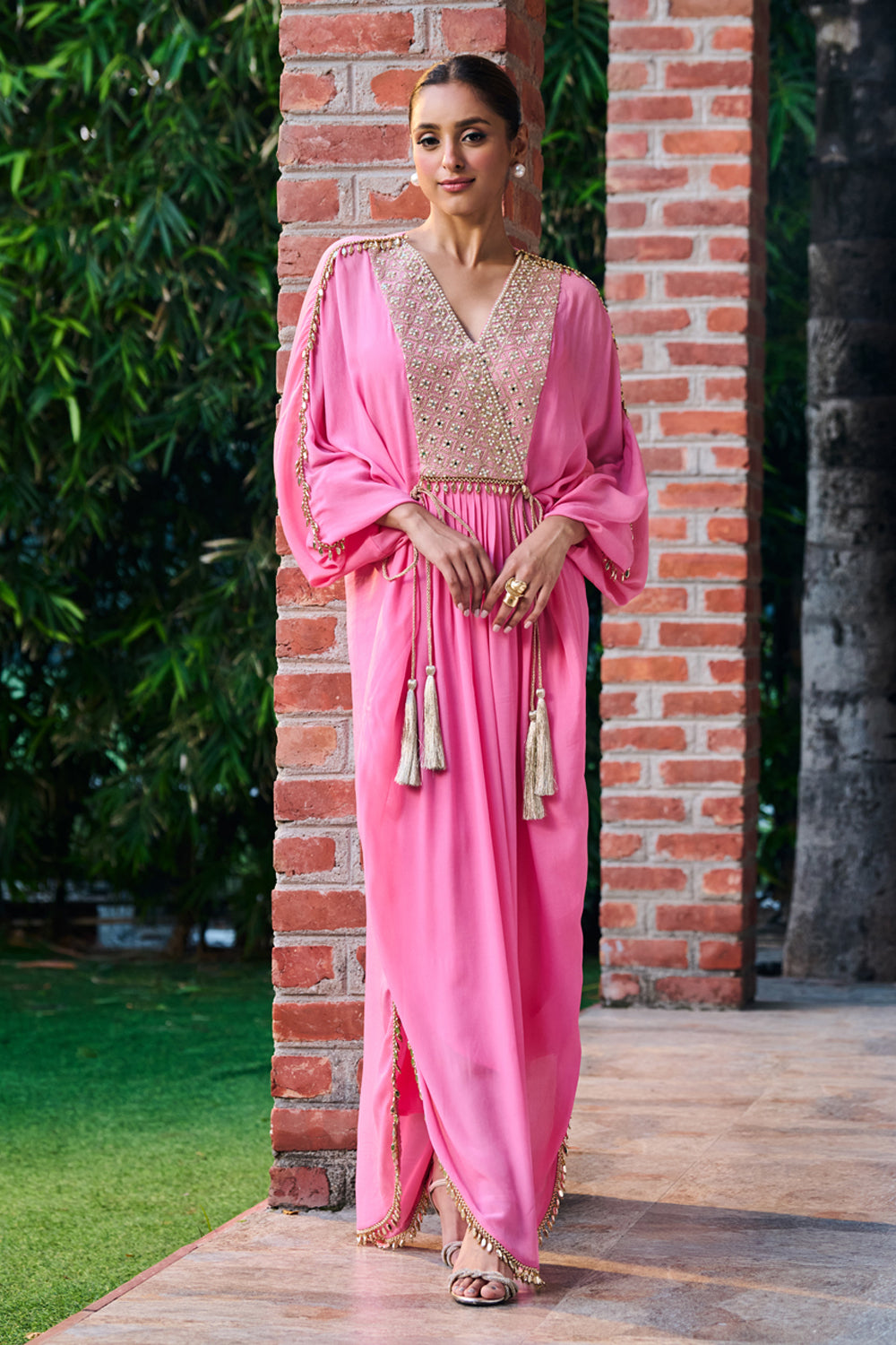 strapless open back dress Pink Hand Block Printed Cotton Maxi Kaftan Dress main image 1