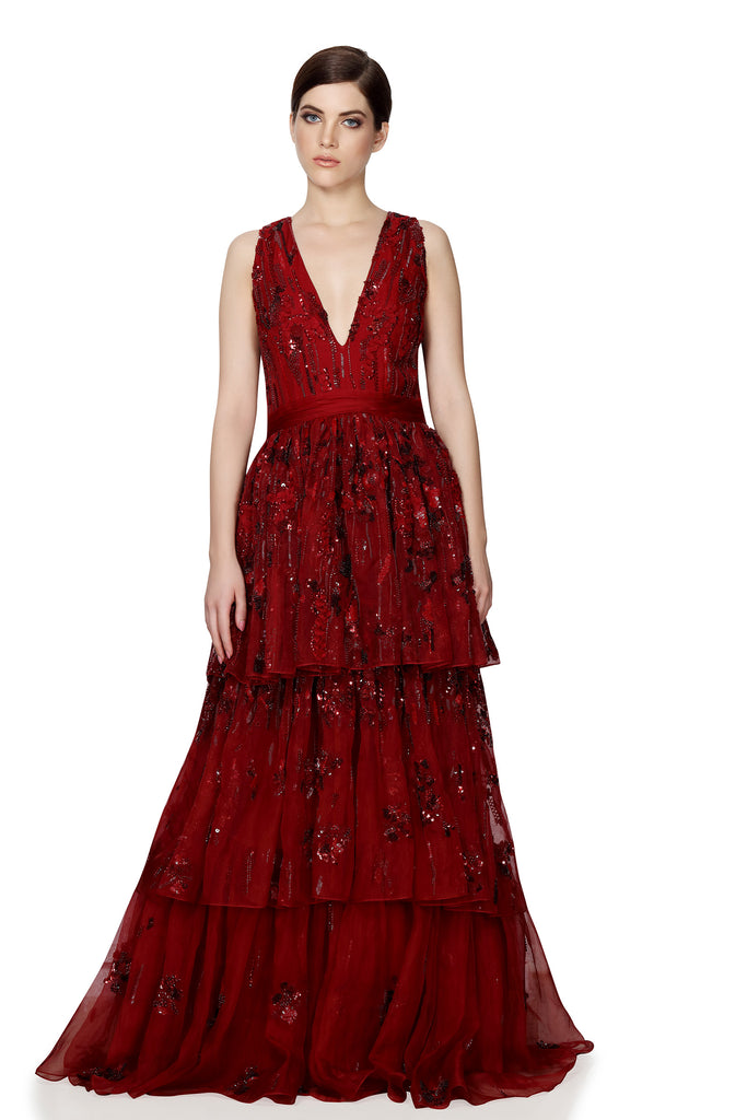 Needle & Thread Marie Tiered Embellished Tulle Gown Crimson | Lyst